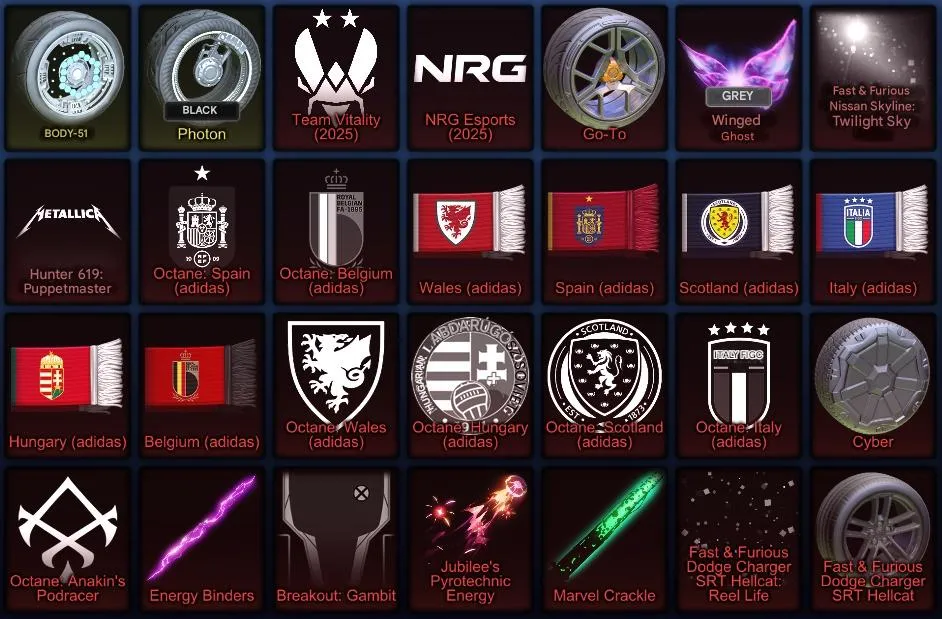 RL1014 Fennec, Nissan Skyline, 9 DLC packs, Grand Champion Season 8, Level 1133 Full Inventory Calibration Ranks 